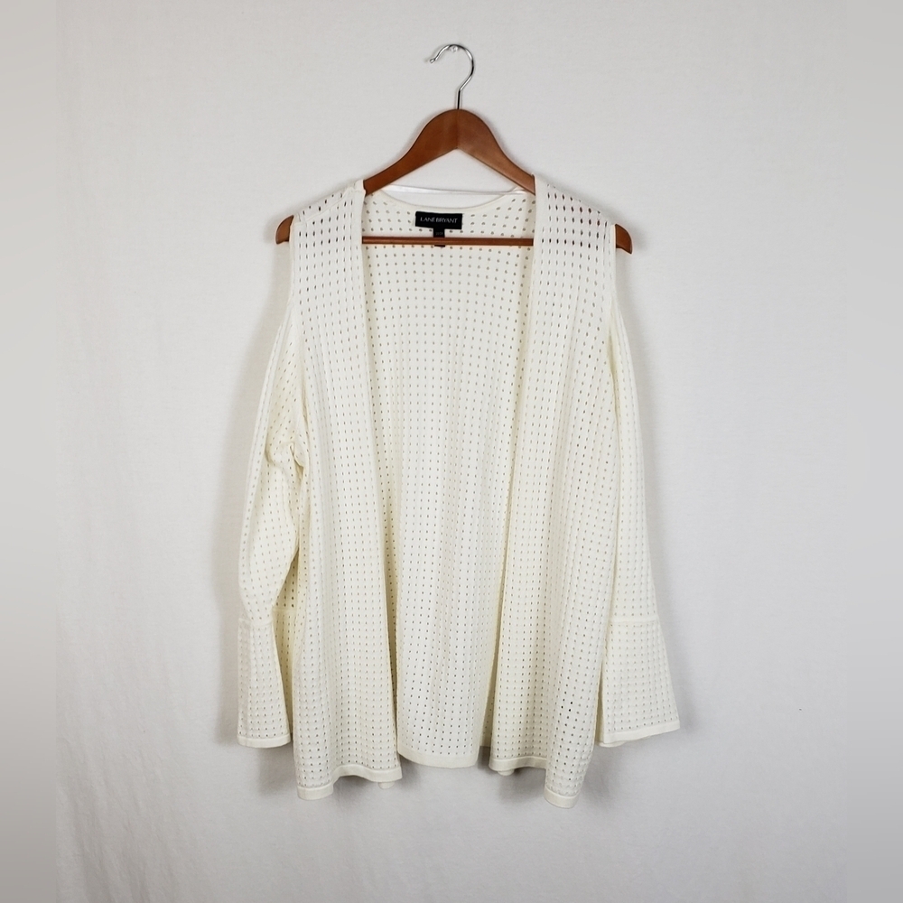 Lane Bryant Open Front Cardigan Cream 22/24 Cold Shoulder Perforated